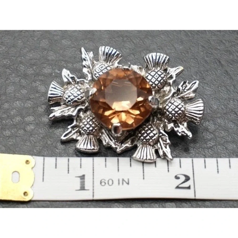 Vintage Celtic Thistle Brooch Amber Orange Crystal Rhinestone Silver Tone